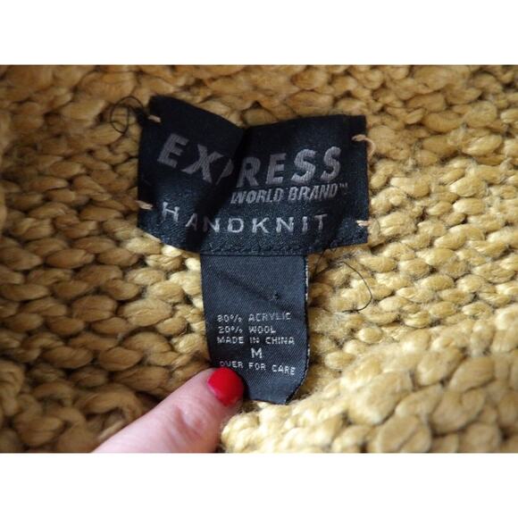 Express World Brand Handknit Wool Sweater Medium Tank Mock Neck Sleeveless Tan - Picture 7 of 11